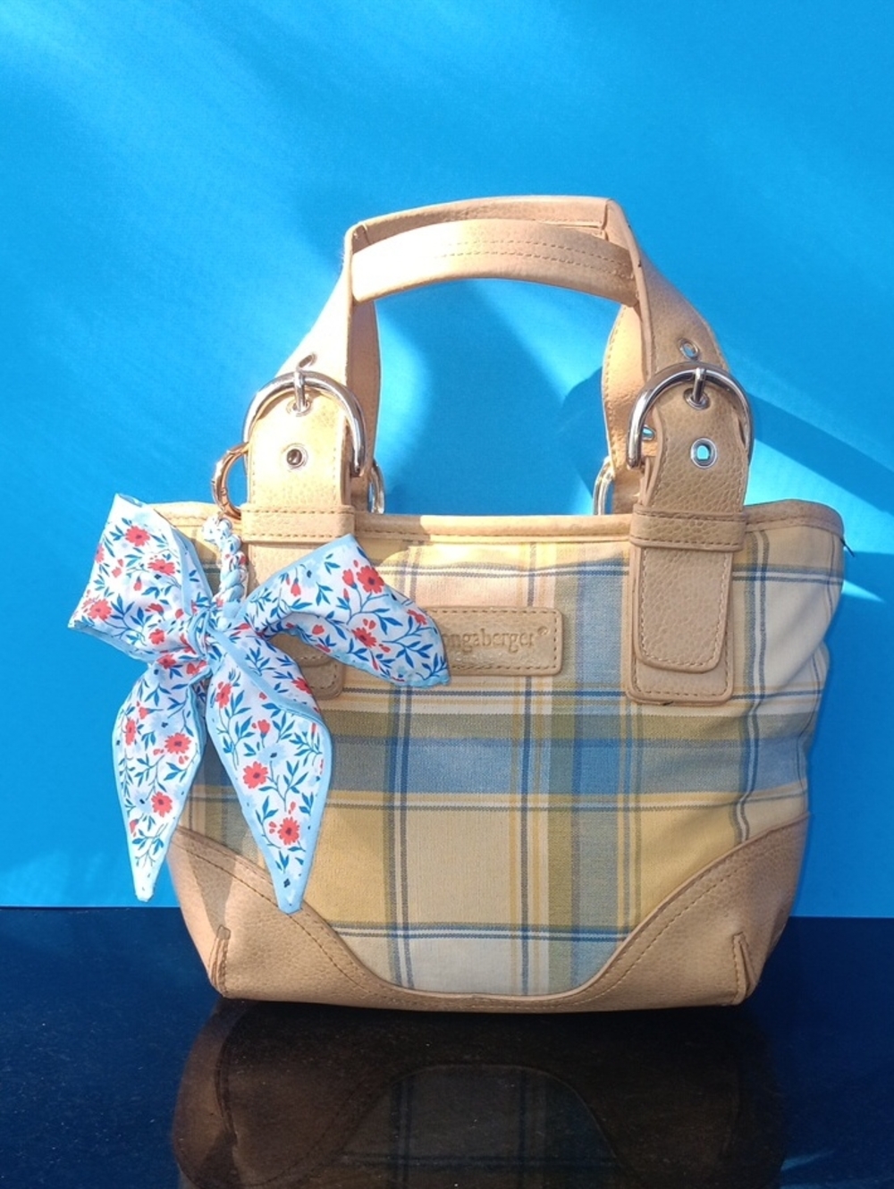Longaberger Yellow Plaid Leather-Trim Tote Size12+7+3.5